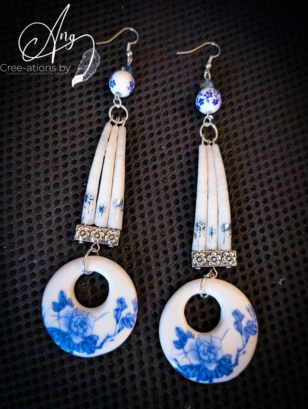 White and Blue Floral Porcelain Hoop Dentalium Shell Earrings